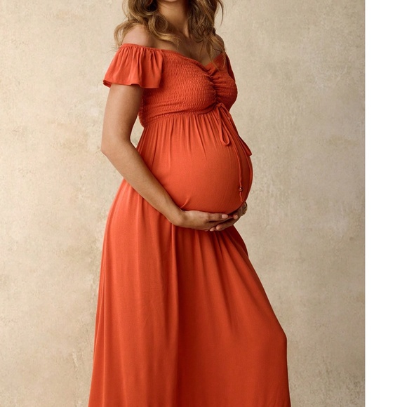 Boho Orange Off Shoulder Smocked High Waisted Maxi Dress - Picture 5 of 6